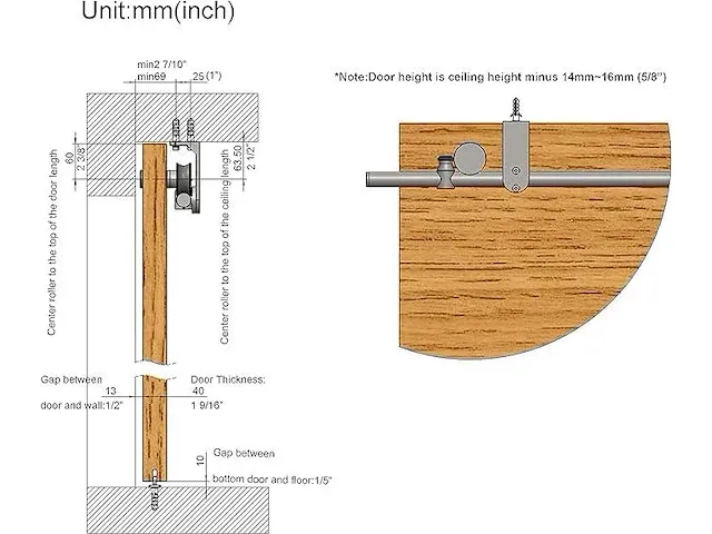 Barn-door single schuifdeur beslag 6ft geborsteld rvs plafondmontage - afbeelding 3 van  3