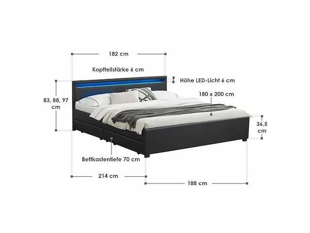 Bed van 180x200cm met led-verlichting en lattenbodem - afbeelding 7 van  7
