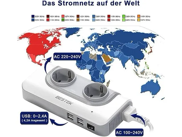 Bestek 200 w spanningsomvormer met 4 usb-reislader 110 v naar 230 v reisadapter - afbeelding 4 van  5