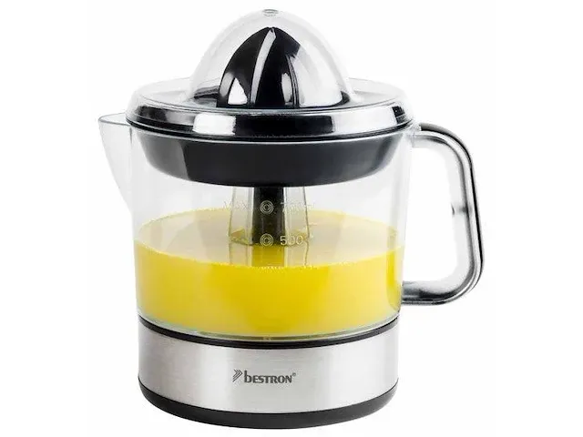 Bestron elektrische citruspers, sinaasappelpers incl. 2 perskogels en aromadeksel, motor met twee draairichtingen (links/rechts), sap reservoir: 0.7 liter, 40 watt, kleur: zilver - afbeelding 1 van  5