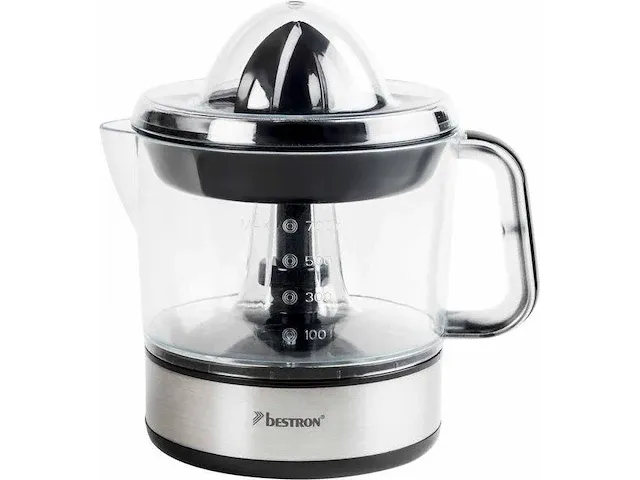 Bestron elektrische citruspers, sinaasappelpers incl. 2 perskogels en aromadeksel, motor met twee draairichtingen (links/rechts), sap reservoir: 0.7 liter, 40 watt, kleur: zilver - afbeelding 2 van  5