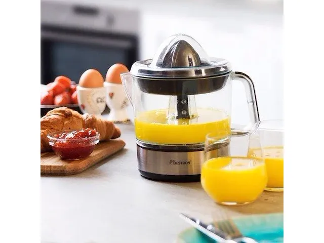 Bestron elektrische citruspers, sinaasappelpers incl. 2 perskogels en aromadeksel, motor met twee draairichtingen (links/rechts), sap reservoir: 0.7 liter, 40 watt, kleur: zilver - afbeelding 4 van  5