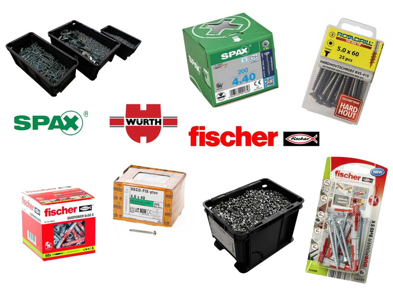 Bevestigingsmaterialen, schroeven, moeren, bouten van o.a. wurth, rotadrill, spax, heco en fischer