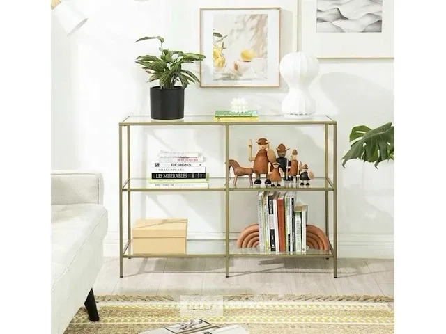 Bijzettafel - 3 planken - glas - goud - metaal - 100x30x73 - afbeelding 2 van  3