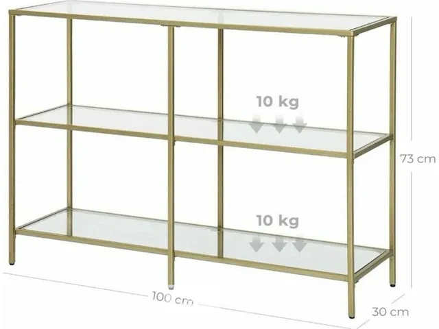 Bijzettafel - 3 planken - glas - goud - metaal - 100x30x73 - afbeelding 3 van  3