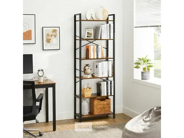 Boekenkast - industrieel - 6 lagen - bruin/zwart - 66x30x186 - afbeelding 3 van  6