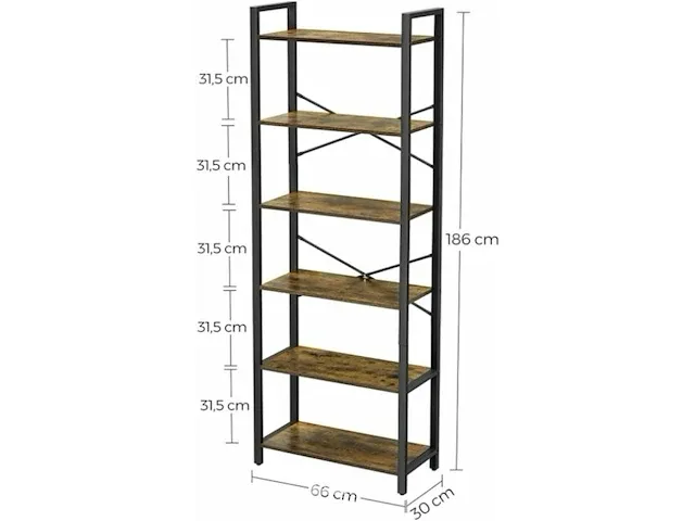 Boekenkast - industrieel - 6 lagen - bruin/zwart - 66x30x186 - afbeelding 5 van  6