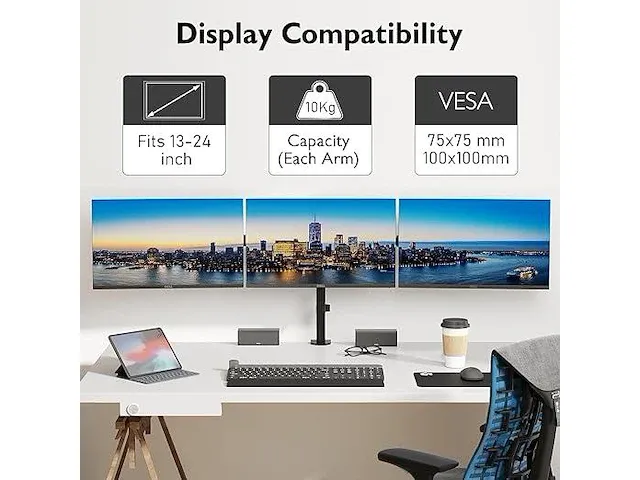 Bontec monitorbeugel 3 monitoren 13-24 inch led en lcd monitor bureau monitorstandaard kantelbaar 180° draaibaar 360° - afbeelding 3 van  3