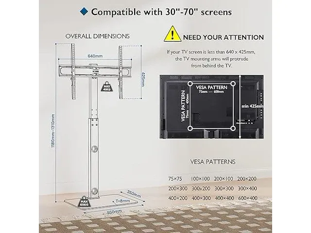 Bontec tv vloerstandaard voor 30-70 inch led lcd oled plasma flat curved tv's - afbeelding 4 van  4