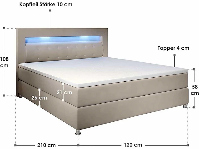 Boxspringbed 120 x 200 cm — eenvoudig bed met led-verlichting, topmatras en bonell springmatras - afbeelding 3 van  7