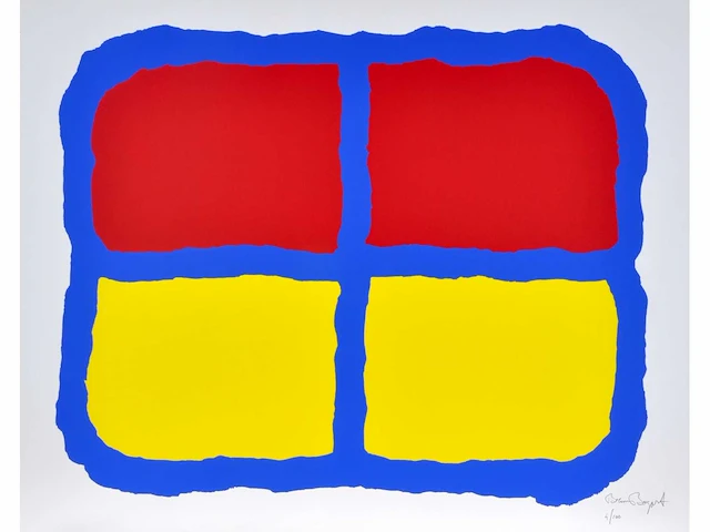 Bram bogart - rood en geel in blauw - zeefdruk - afbeelding 1 van  6