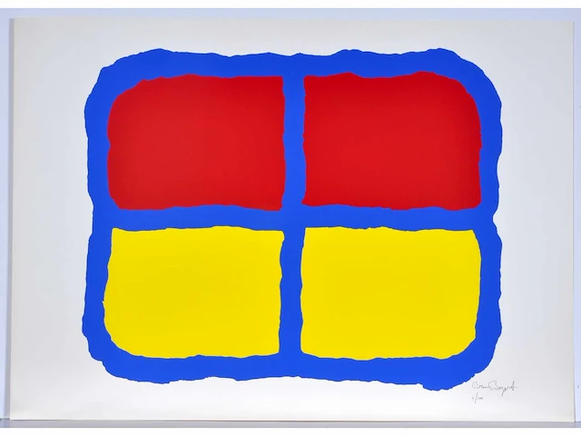 Bram bogart - rood en geel in blauw - zeefdruk - afbeelding 2 van  6