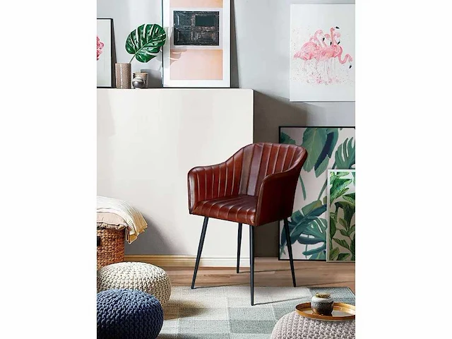 Bruine lederen fauteuil met lineair design - afbeelding 1 van  6