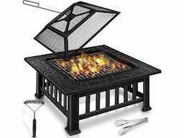 Buiten bbq vuurplaats | open haard kachel voor tuin, terras | verwarmen met houtskoolgrill + deksel | open haardvuur voor barbecue met pook - afbeelding 2 van  5