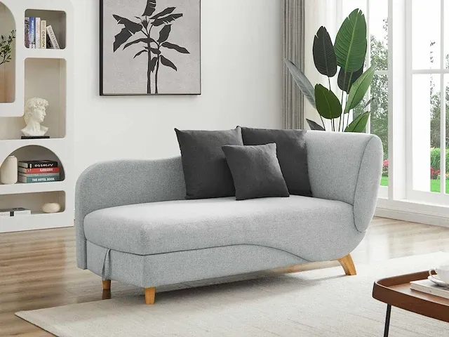 Cabrioletje linker chaise longue in lichtgrijze stof met borst - afbeelding 1 van  8