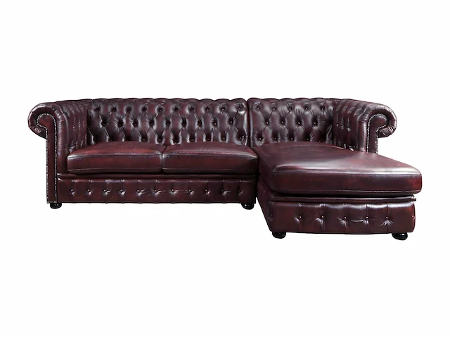 Chesterfield hoekbank 100% buffelleer - bordeaux - rechte hoek - afbeelding 2 van  6