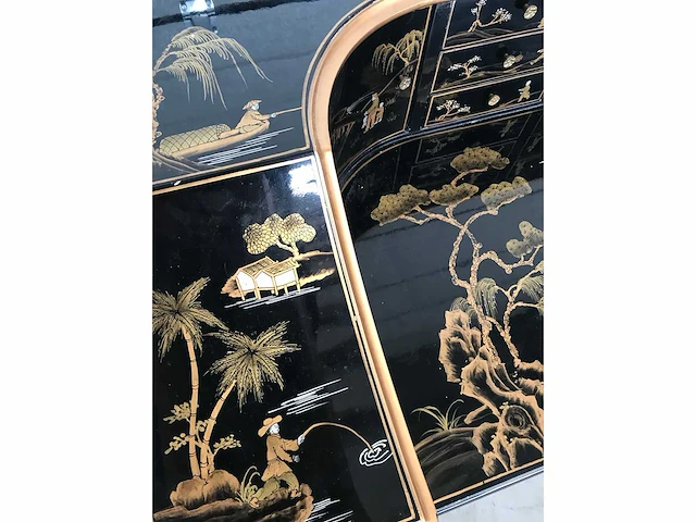 Chinese lacquerware black gold desk with chair - afbeelding 5 van  31