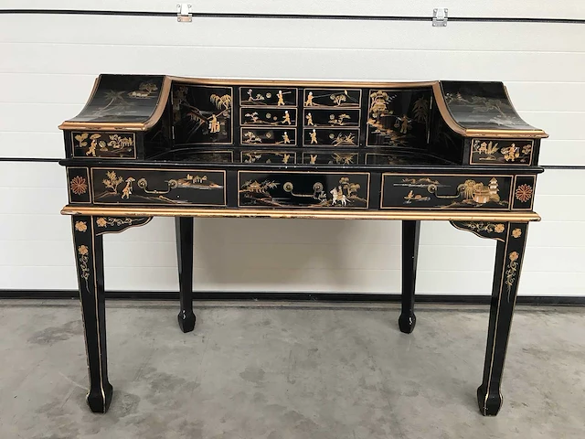 Chinese lacquerware black gold desk with chair - afbeelding 23 van  31