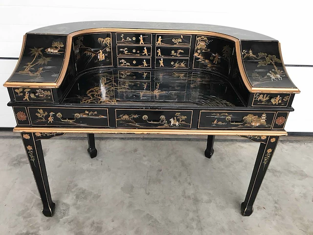 Chinese lacquerware black gold desk with chair - afbeelding 26 van  31
