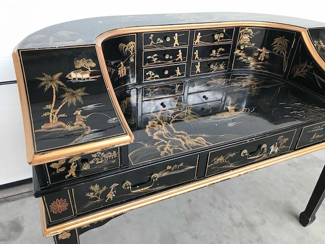 Chinese lacquerware black gold desk with chair - afbeelding 27 van  31