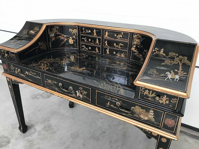 Chinese lacquerware black gold desk with chair - afbeelding 28 van  31
