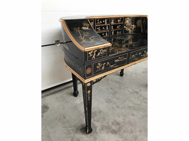 Chinese lacquerware black gold desk with chair - afbeelding 31 van  31
