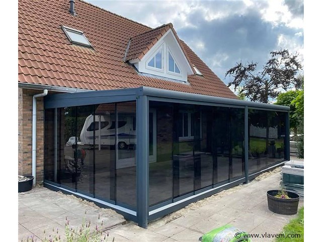 Compleet glazen schuifdeursysteem 6 deurs, veiligheidsglas 10 mm, 4770 mm breed, 6 stuks deuren 820 mm 2650 mm hoog, mat zwart ral 9005 - afbeelding 2 van  14