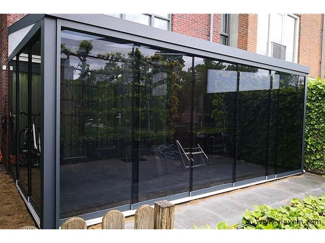 Compleet glazen schuifdeursysteem 7 deurs, veiligheidsglas 10 mm, 6540 mm breed, 7 stuks deuren 960 mm 2000 mm hoog, mat zwart ral 9005 - afbeelding 11 van  14