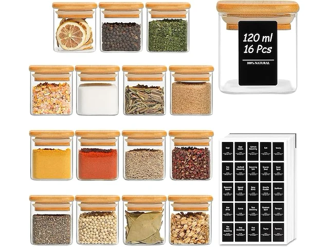 Comsaf 16 stuks glazen kruidenpotjes met bamboe deksel - afbeelding 1 van  3