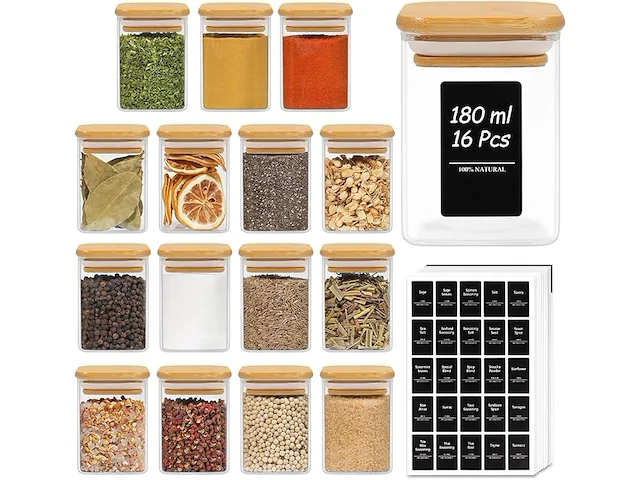 Comsaf 16 stuks glazen kruidenpotjes met bamboe deksels - afbeelding 1 van  4