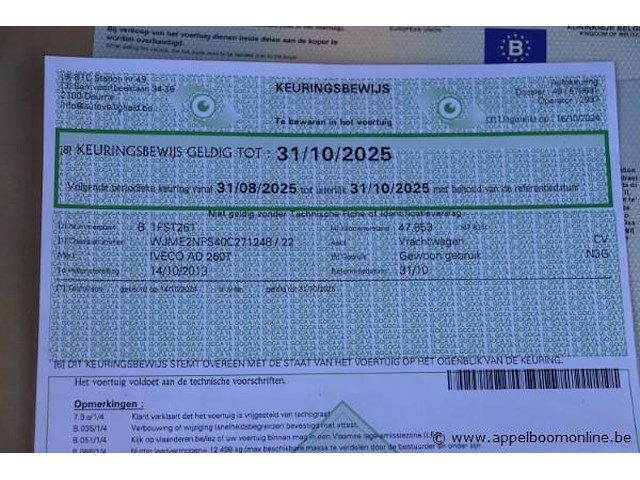 Containervrachtwagen iveco trakker ad 260t, datum 1ste inschrijving 14/10/2013, chassisnummer wjme2nps40c271248, km-stand keuring 10/24 47.853, euro eev, diesel, kenteken i+ii, gelijkvormigheidssattest - afbeelding 10 van  21