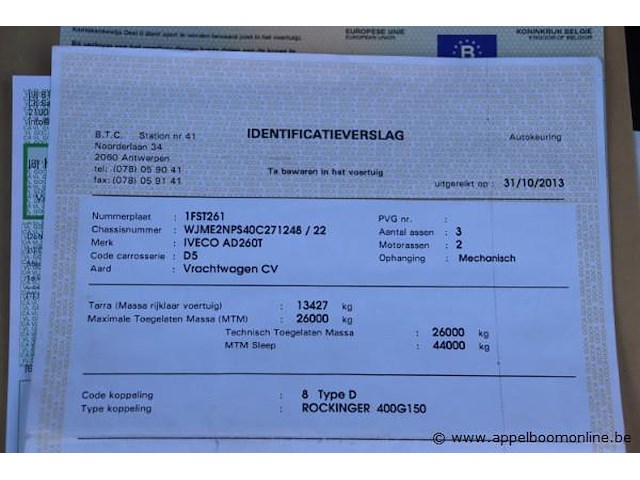 Containervrachtwagen iveco trakker ad 260t, datum 1ste inschrijving 14/10/2013, chassisnummer wjme2nps40c271248, km-stand keuring 10/24 47.853, euro eev, diesel, kenteken i+ii, gelijkvormigheidssattest - afbeelding 11 van  21