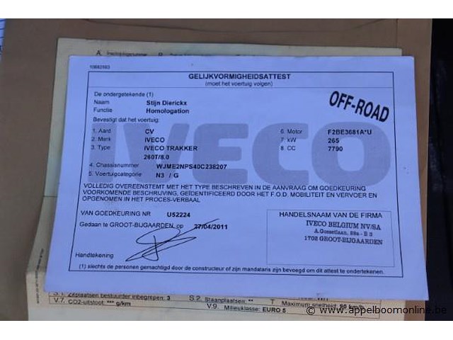 Containervrachtwagen iveco trakker ad260t36, datum 1ste inschrijving 11/9/2011, chassisnummer wjme2nps40c238207, km-stand keuring 9/25 31.445, euro 5, diesel, kenteken, gelijkvormigheidssattest - afbeelding 6 van  17