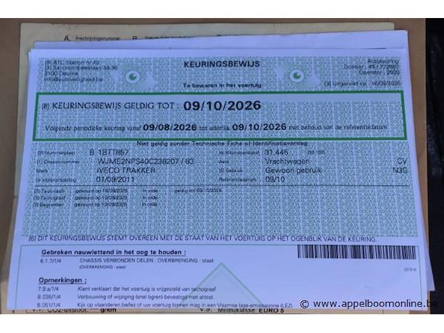 Containervrachtwagen iveco trakker ad260t36, datum 1ste inschrijving 11/9/2011, chassisnummer wjme2nps40c238207, km-stand keuring 9/25 31.445, euro 5, diesel, kenteken, gelijkvormigheidssattest - afbeelding 7 van  17
