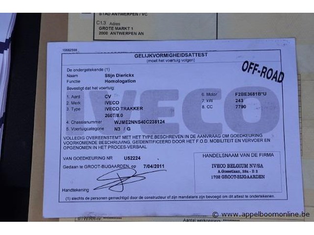 Containervrachtwagen iveco trakker ad260t/8.0, datum 1ste inschrijving 23/8/2011, chassisnummer wjme2nncs40c238124, km-stand keuring 10/24 161.910, euro 5, diesel, kenteken, gelijkvormigheidssattest - afbeelding 2 van  14