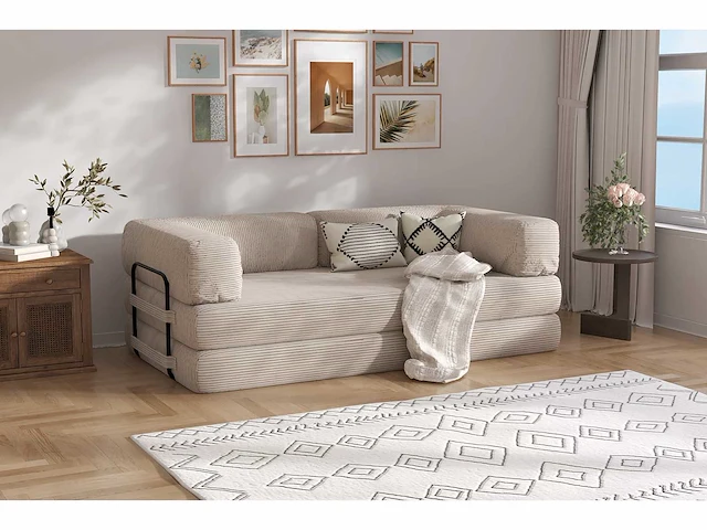 Converteerbare 3-zitsbank - beige geribbelde stof - afbeelding 2 van  6