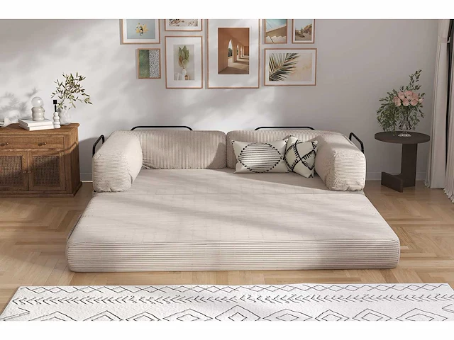 Converteerbare 3-zitsbank - beige geribbelde stof - afbeelding 3 van  6