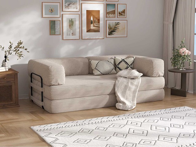 Converteerbare 3-zitsbank - beige geribbelde stof - afbeelding 1 van  7