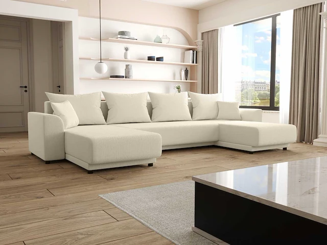 Converteerbare panoramische hoekbank - beige corduroy - afbeelding 1 van  9