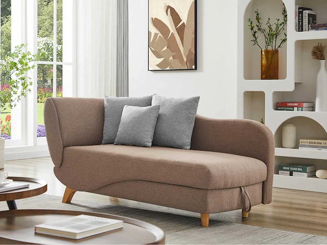 Converteerbare rechte chaise longue in bruine stof met opbergdoos - afbeelding 1 van  9