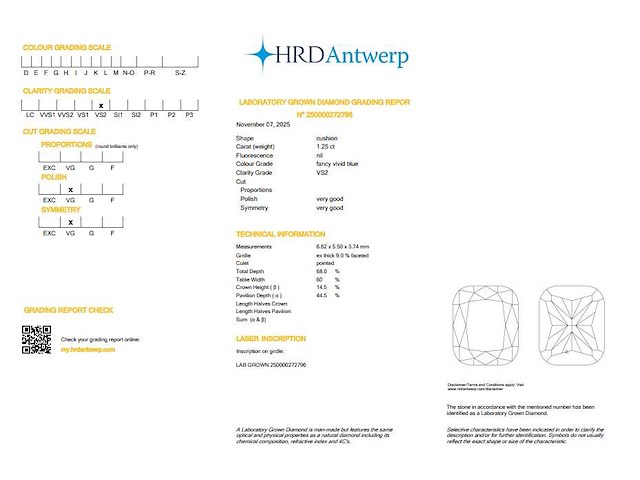 Cushion 1.25 ct – fancy vivid blue / vs2 – hrd - afbeelding 2 van  2