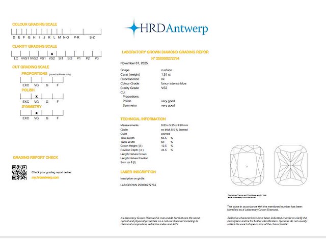 Cushion 1.51 ct – fancy intense blue / vs2 – hrd - afbeelding 2 van  2