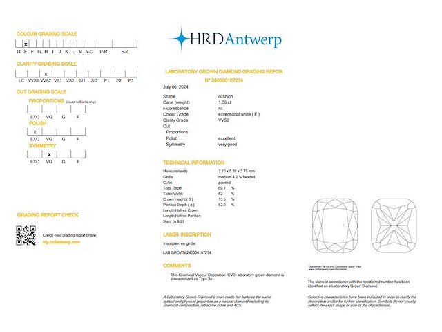 Cushion diamant 1.06ct - e/vvs2 - hrd - afbeelding 4 van  4
