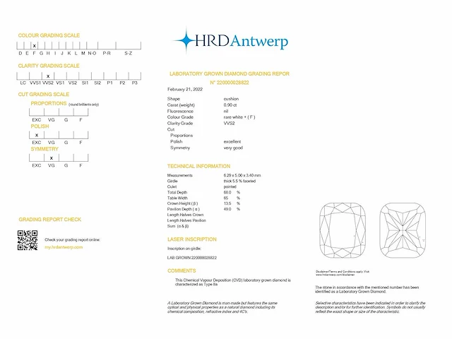 Cushion diamond 0.90 ct f/vvs2 (hrd certified) - afbeelding 6 van  6