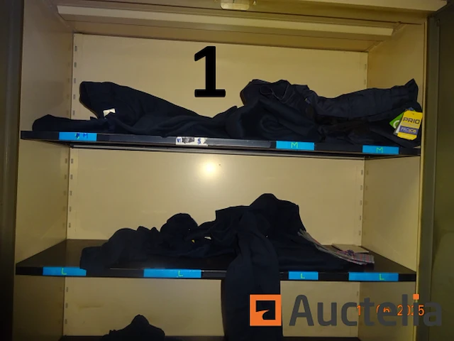 De hele kamer (deze moet worden geleegd), namelijk: 4 metalen kasten met twee deuren, 1 metalen kast met 2 vouwdeuren, 1 metalen kast met twee schuifdeuren, 1 doos makita gereedschap, 1 gereedschapskist, diverse gereedschapskisten, alles in de kasten, betalingssysteem, kantooraccessoires, navulling, voorraad t-shirts en poloshirts met het opschrift "déménagements dubois", paren handschoenen, mechanische accessoires, zaklamp, oliekan, koplamp, prullenbakhouder - afbeelding 10 van  22