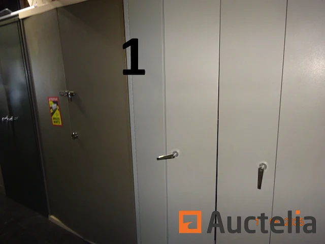 De hele kamer (deze moet worden geleegd), namelijk: 4 metalen kasten met twee deuren, 1 metalen kast met 2 vouwdeuren, 1 metalen kast met twee schuifdeuren, 1 doos makita gereedschap, 1 gereedschapskist, diverse gereedschapskisten, alles in de kasten, betalingssysteem, kantooraccessoires, navulling, voorraad t-shirts en poloshirts met het opschrift "déménagements dubois", paren handschoenen, mechanische accessoires, zaklamp, oliekan, koplamp, prullenbakhouder - afbeelding 1 van  22