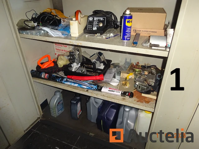 De hele kamer (deze moet worden geleegd), namelijk: 4 metalen kasten met twee deuren, 1 metalen kast met 2 vouwdeuren, 1 metalen kast met twee schuifdeuren, 1 doos makita gereedschap, 1 gereedschapskist, diverse gereedschapskisten, alles in de kasten, betalingssysteem, kantooraccessoires, navulling, voorraad t-shirts en poloshirts met het opschrift "déménagements dubois", paren handschoenen, mechanische accessoires, zaklamp, oliekan, koplamp, prullenbakhouder - afbeelding 20 van  22