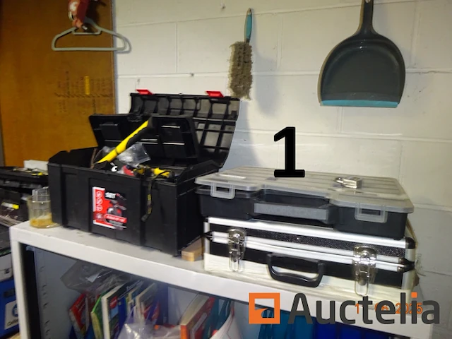 De hele kamer (deze moet worden geleegd), namelijk: 4 metalen kasten met twee deuren, 1 metalen kast met 2 vouwdeuren, 1 metalen kast met twee schuifdeuren, 1 doos makita gereedschap, 1 gereedschapskist, diverse gereedschapskisten, alles in de kasten, betalingssysteem, kantooraccessoires, navulling, voorraad t-shirts en poloshirts met het opschrift "déménagements dubois", paren handschoenen, mechanische accessoires, zaklamp, oliekan, koplamp, prullenbakhouder - afbeelding 21 van  22