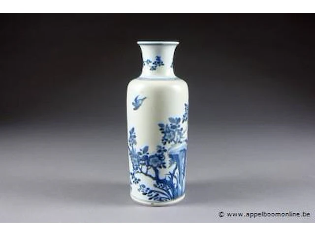 D'époque kang-hi vase bouteille au décor présentant un oiseau dans un paysage avec rochers et végétaux en fleurs. porcelaine de chine à émail bleu/blanc. marque d'un double cercle concentrique. - afbeelding 1 van  3