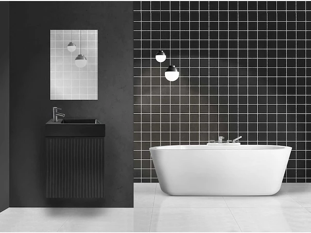 Design - toilet meubel set met verticaal reliëf, soft-close -spiegel en lavabo mat zwart - afbeelding 1 van  1